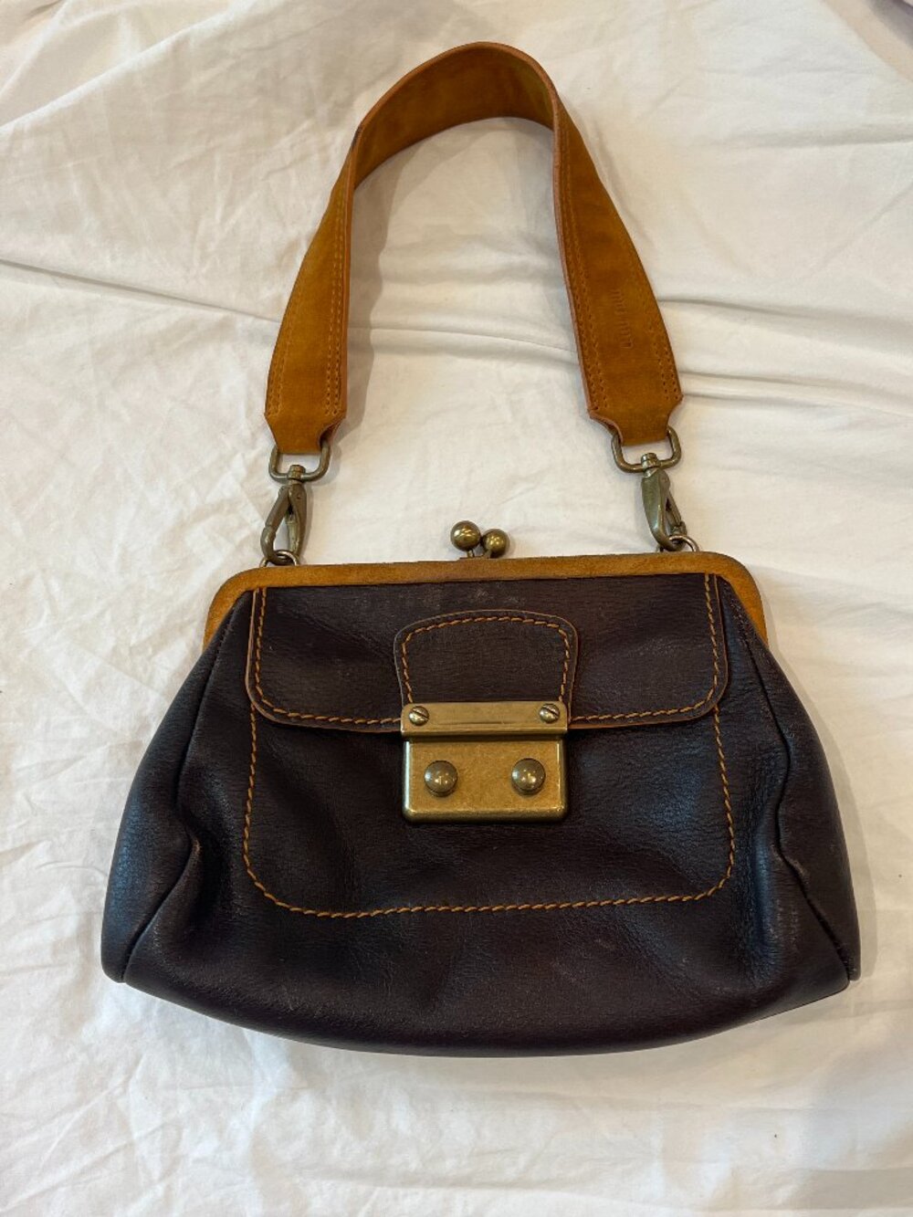 Vintage Miu Miu Kiss-Lock Purse/Clutch—Chocolate Brown Leather & Tan Suede Strap